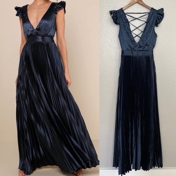 NWOT Exceptional Drama Navy Blue Satin Lace-Up Pleated Maxi Dress - Picture 1 of 11